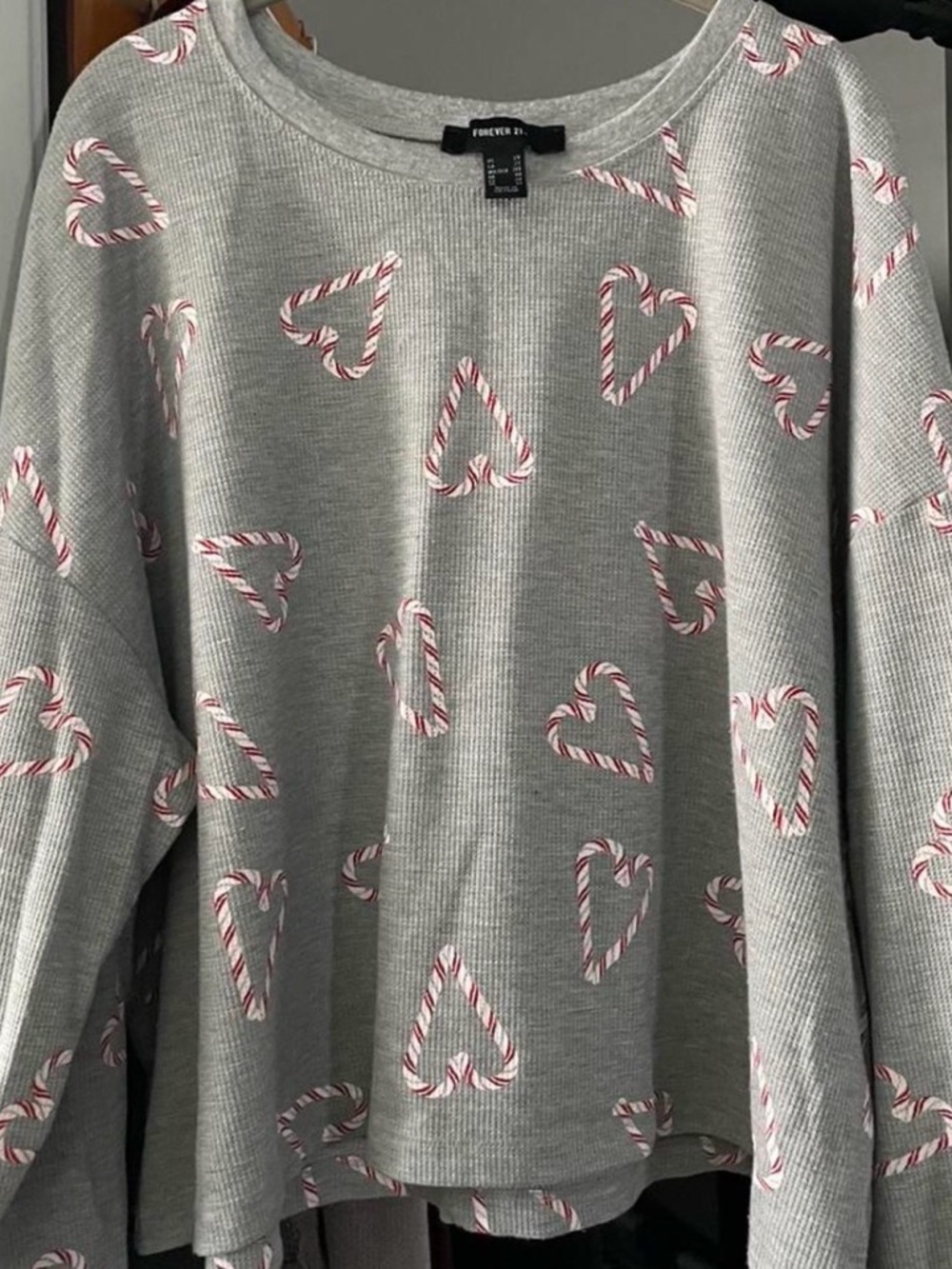 Forever 21 Gray Crewneck Sweater with Red & White Candy Cane Hearts